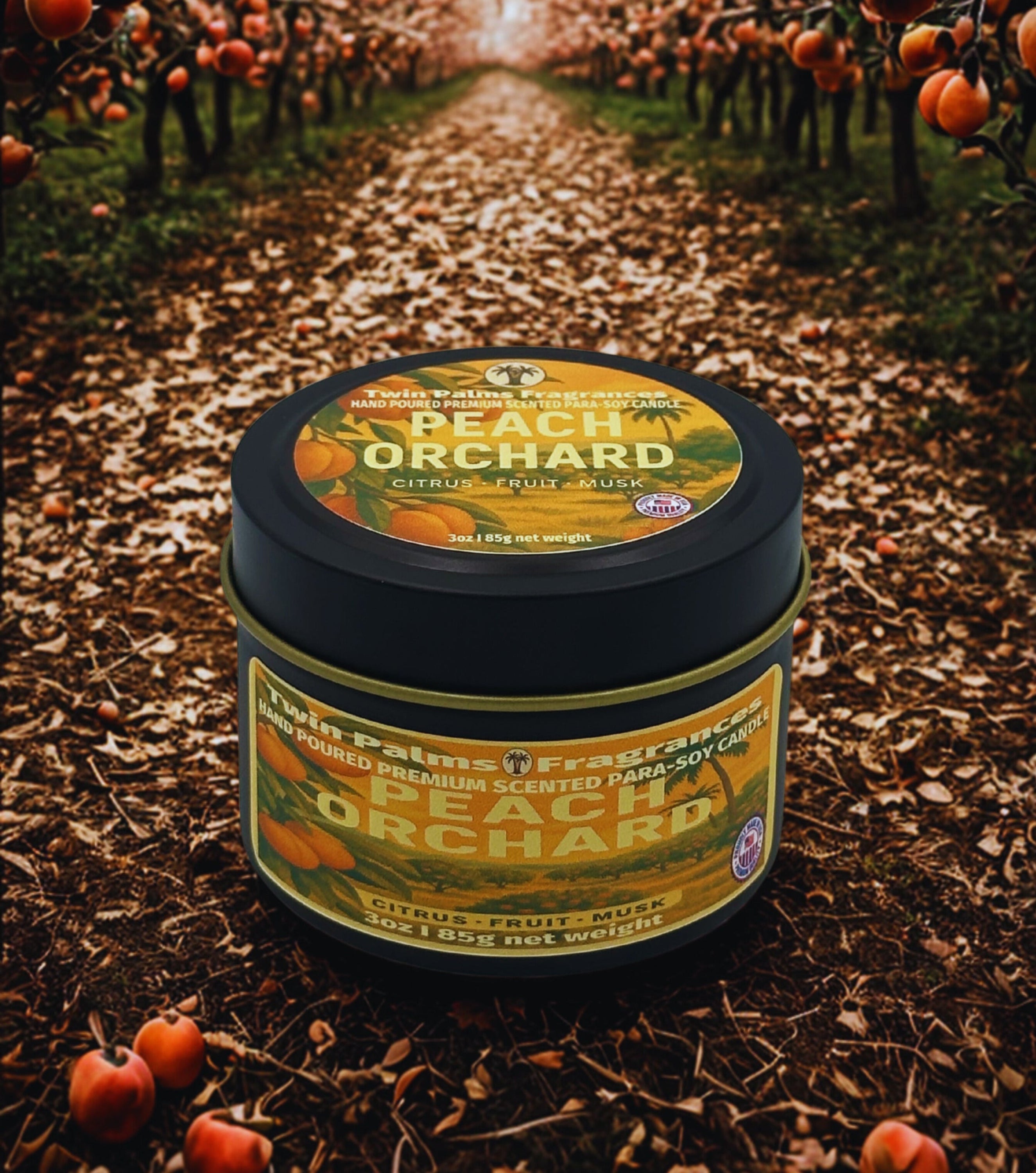Twin Palms Fragrances tin  of 'Peach Orchard' candle in an orchard setting with pumpkins.