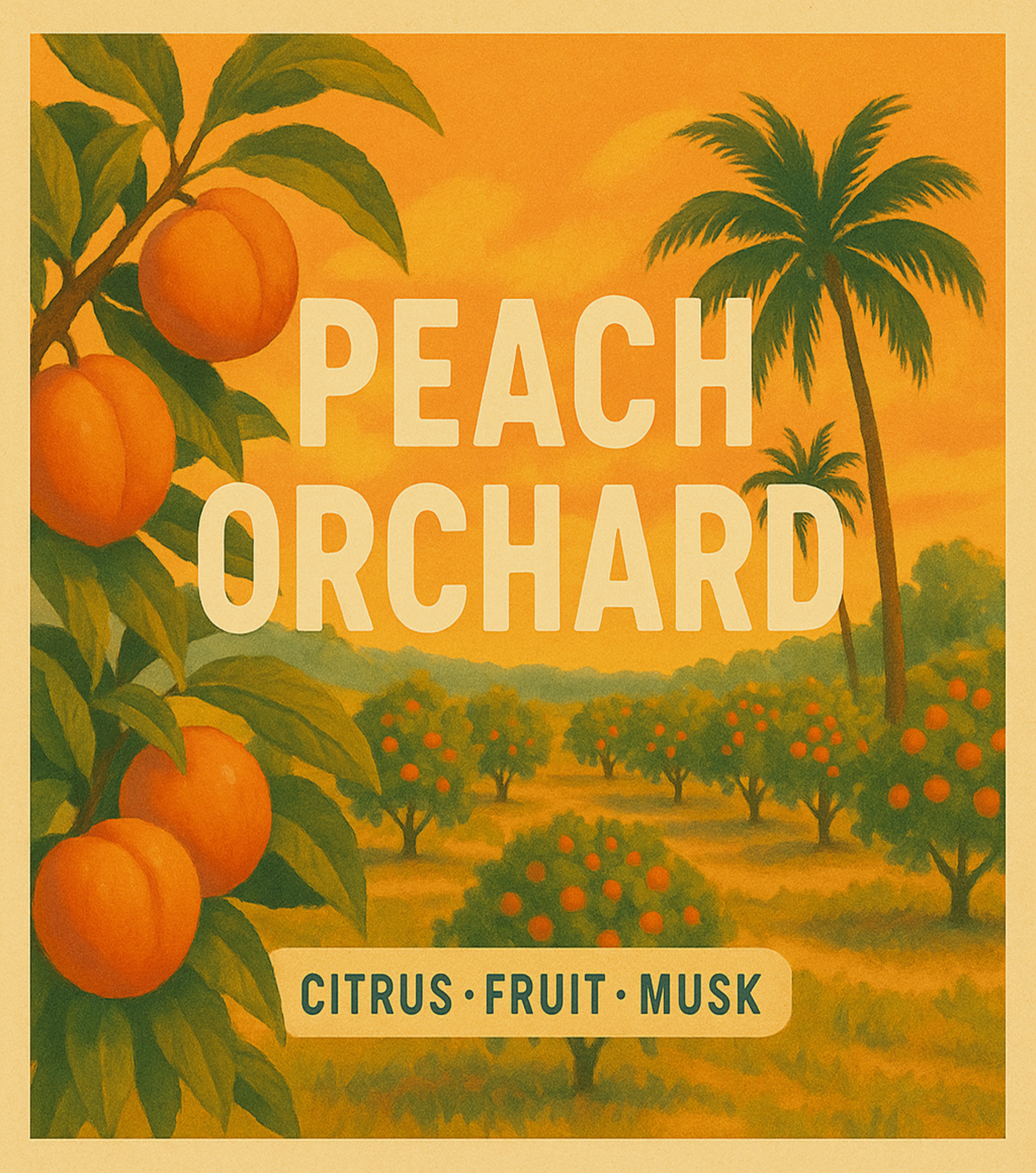 Vintage-style illustration of a peach orchard with 'Peach Orchard' text and palm trees.