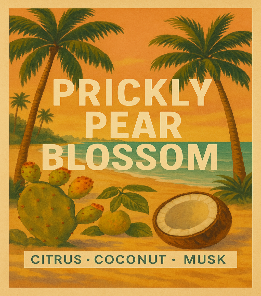 Advertisement for 'Prickly Pear Blossom' with cacti, coconut, and palm trees on a beach.