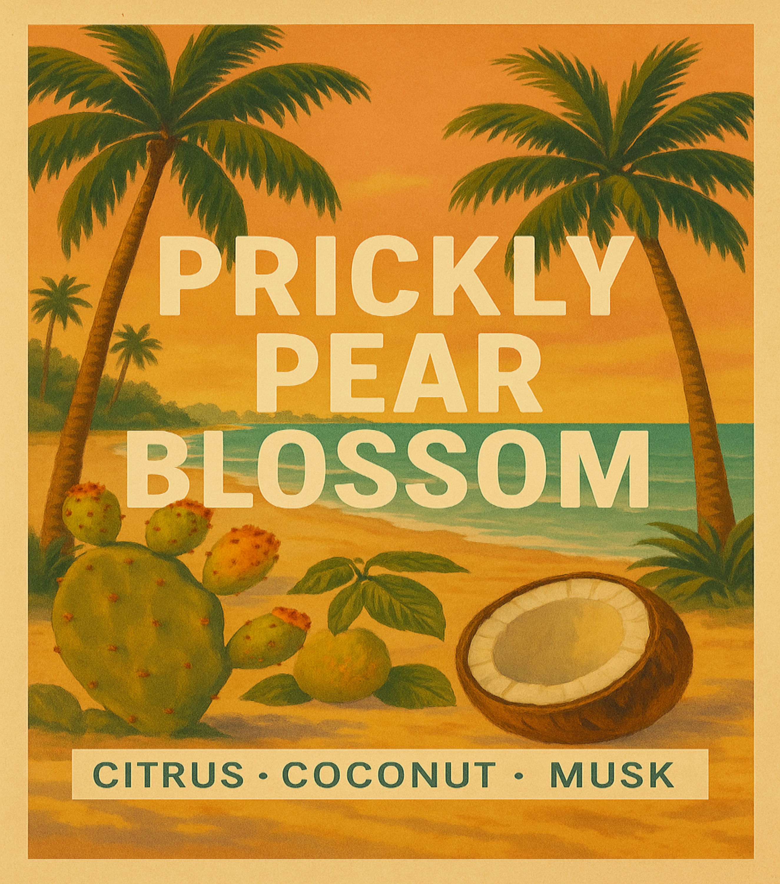 Advertisement for 'Prickly Pear Blossom' with cacti, coconut, and palm trees on a beach.