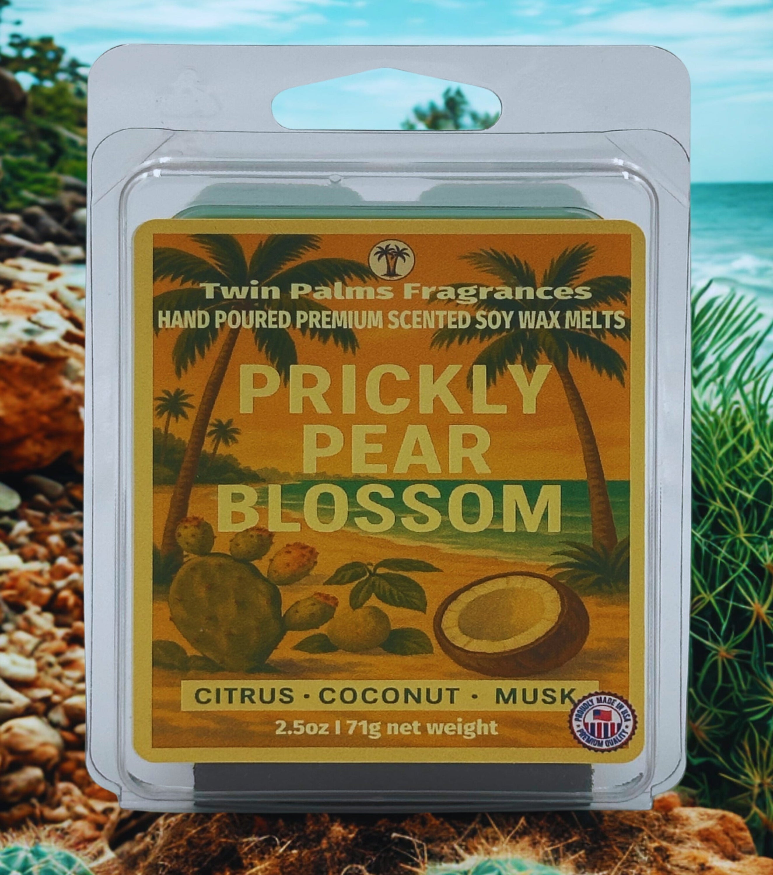 Twin Palms Fragrances Prickly Pear Blossom wax melt packaging with a tropical background