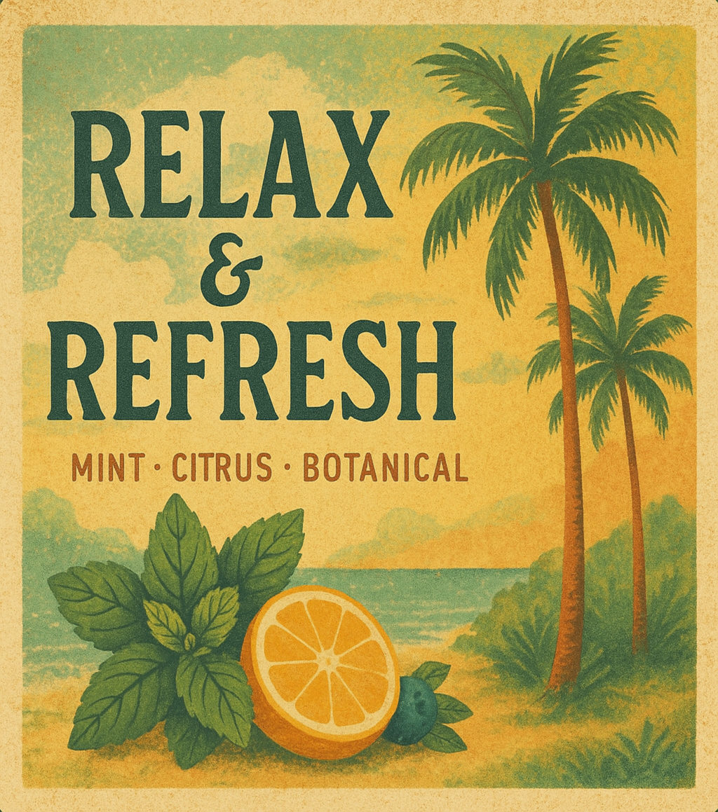 Vintage-style label with palm trees, lemon, mint leaves, and text 'Relax & Refresh' on a beach background.