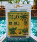 Pack of Twin Palms Fragrances wax melts with palm trees and citrus elements, set against a poolside background.