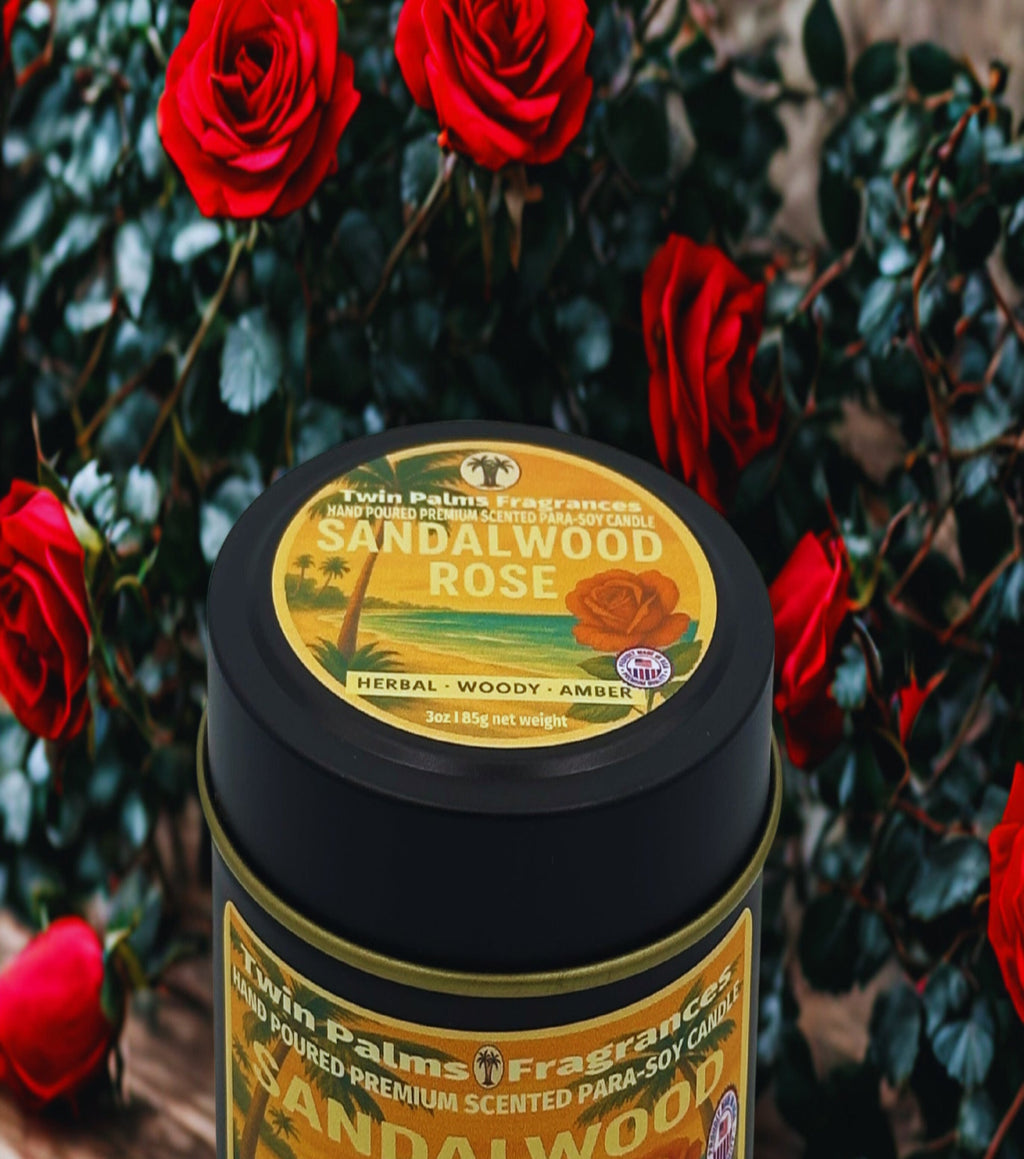 Twin Palms Fragrances Sandalwood Rose candle with red roses in the background