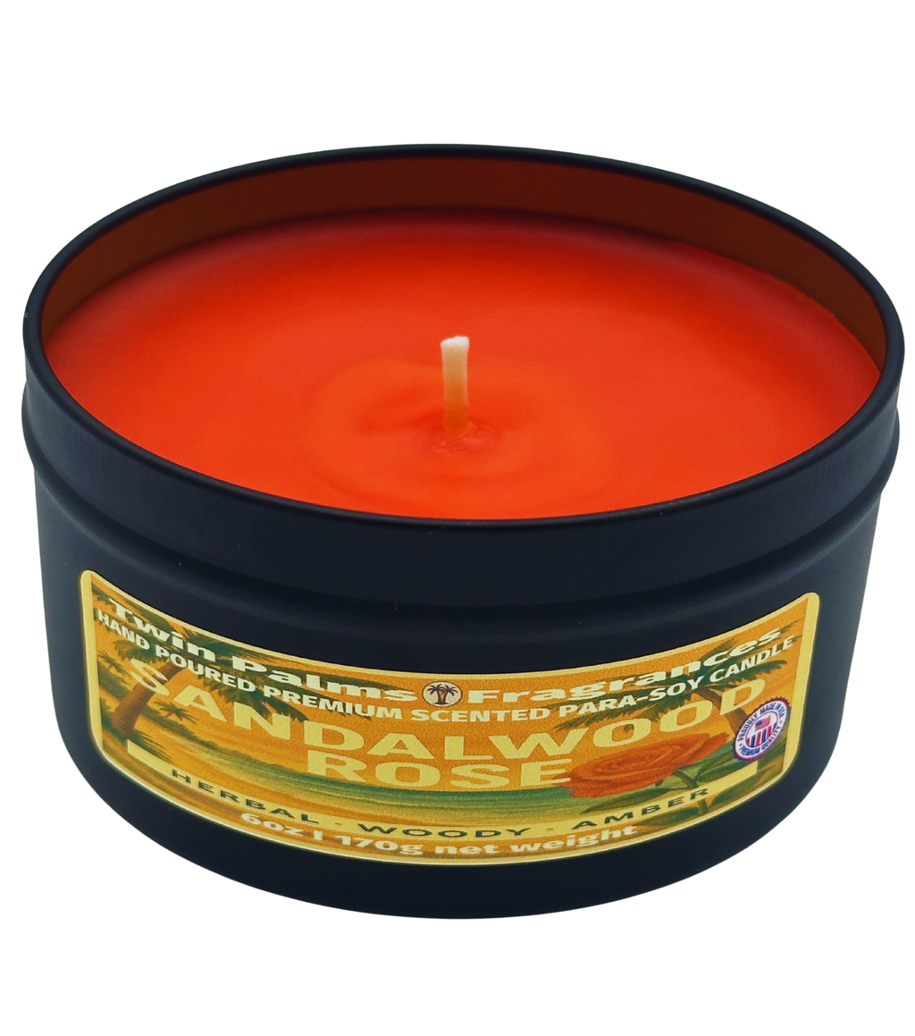 Twin Palms fragrances candle in a black tin with sandalwood rose fragrance on a white background