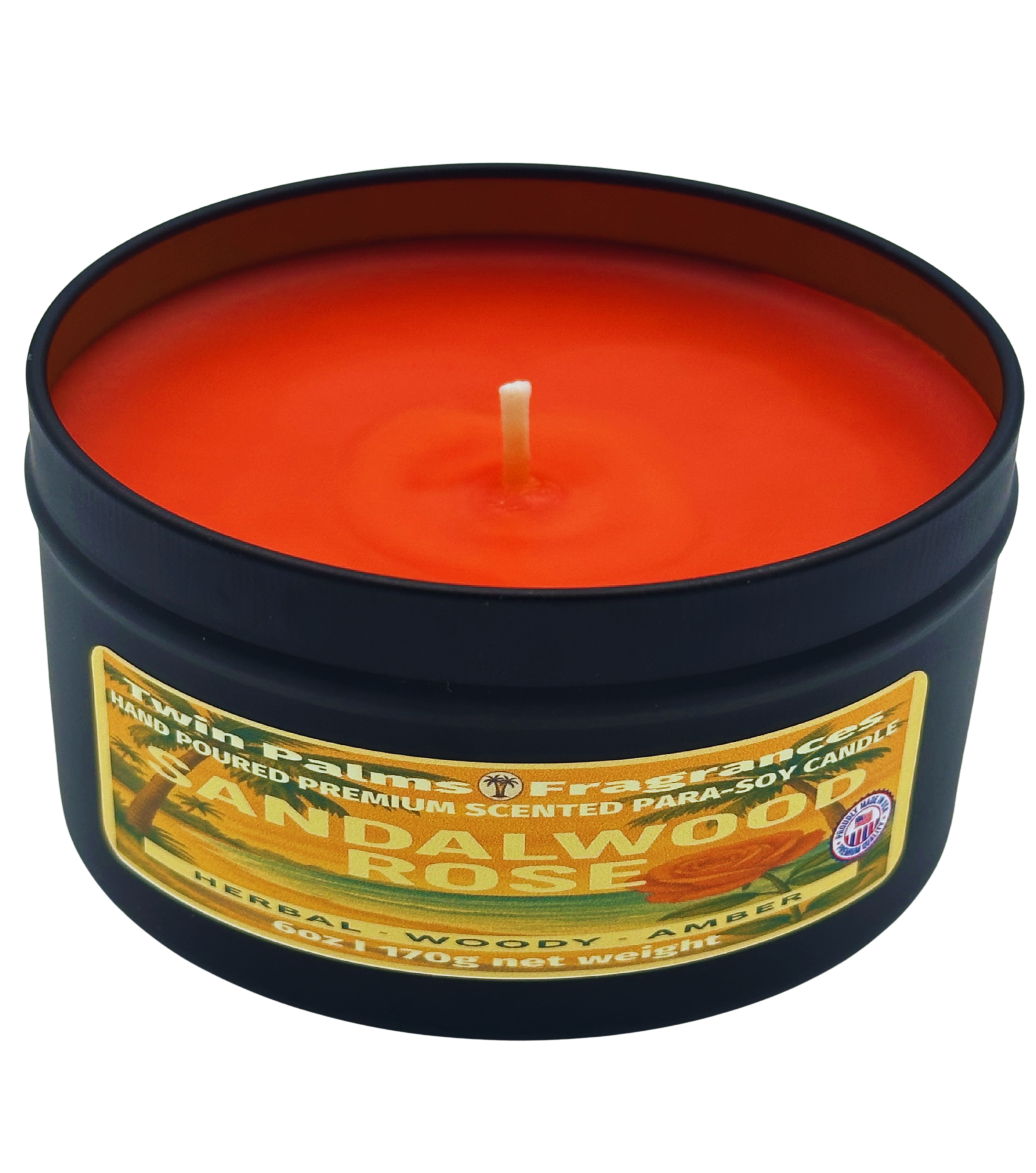 Twin Palms fragrances candle in a black tin with sandalwood rose fragrance on a white background