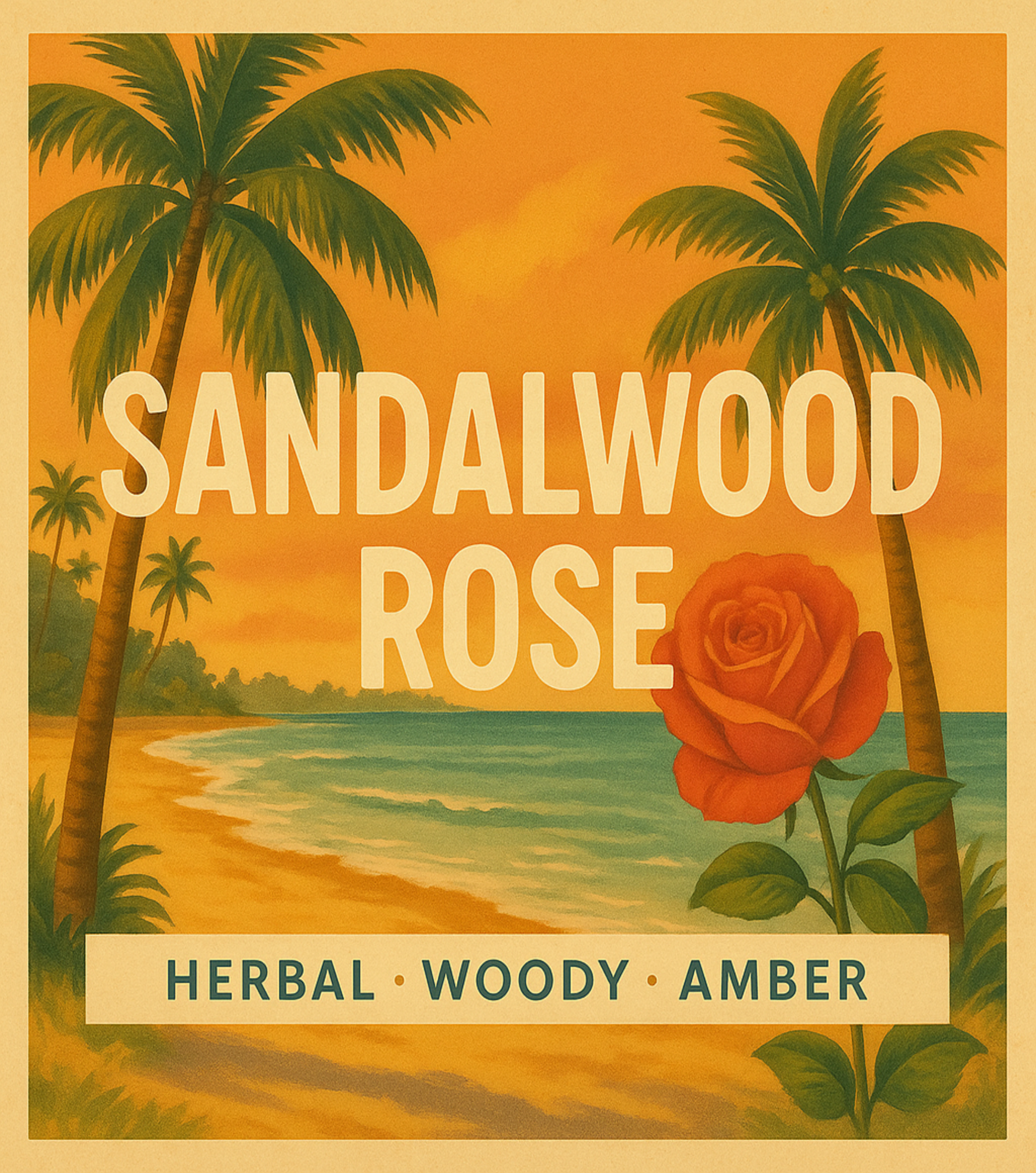 Sandalwood Rose product label with palm trees and a sunset over an ocean scene.