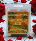 Sandalwood Rose soy wax melts packaging with red roses in the background