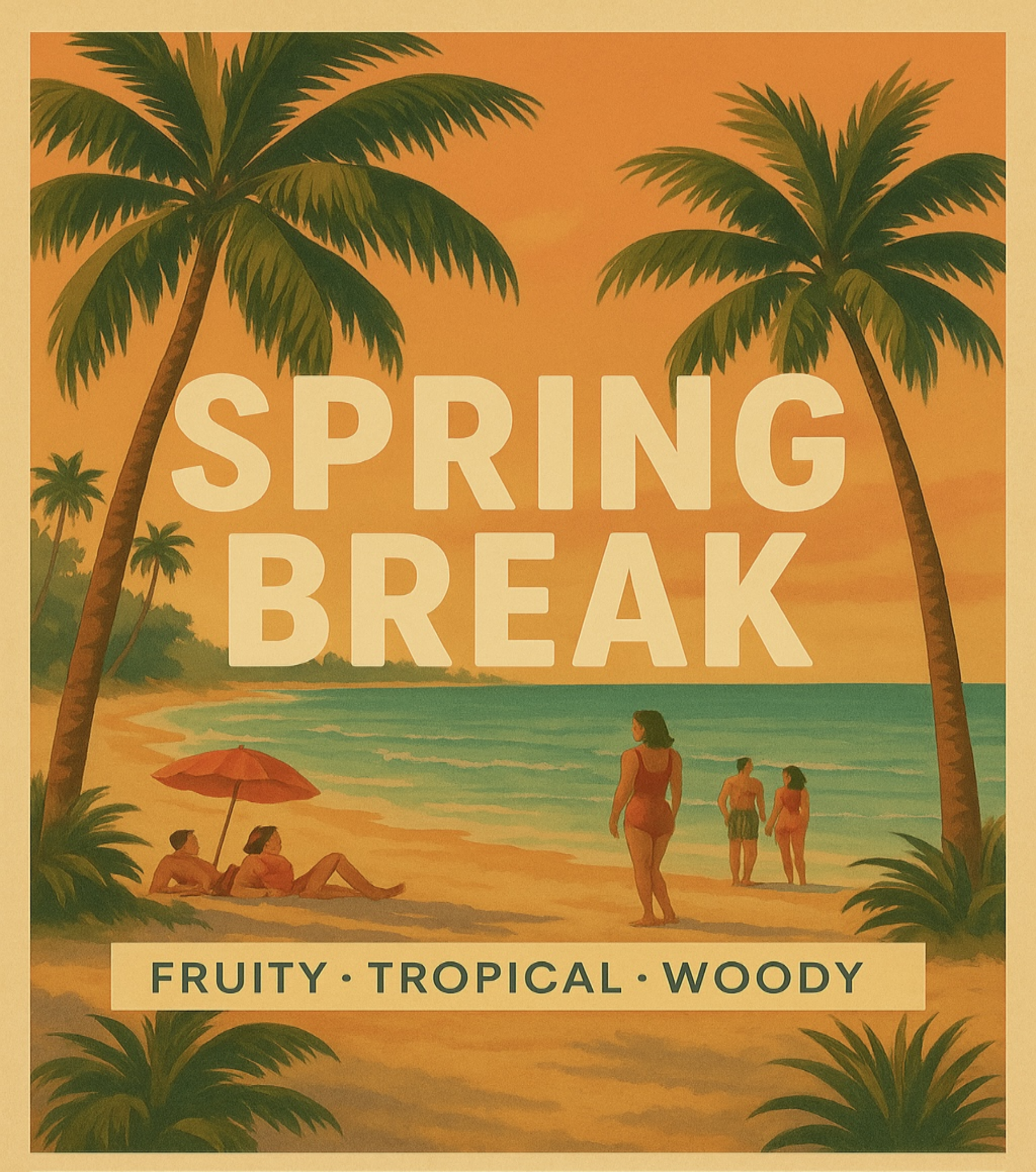 Vintage-style 'Spring Break' poster with palm trees, beach scene, and people on a tropical island.