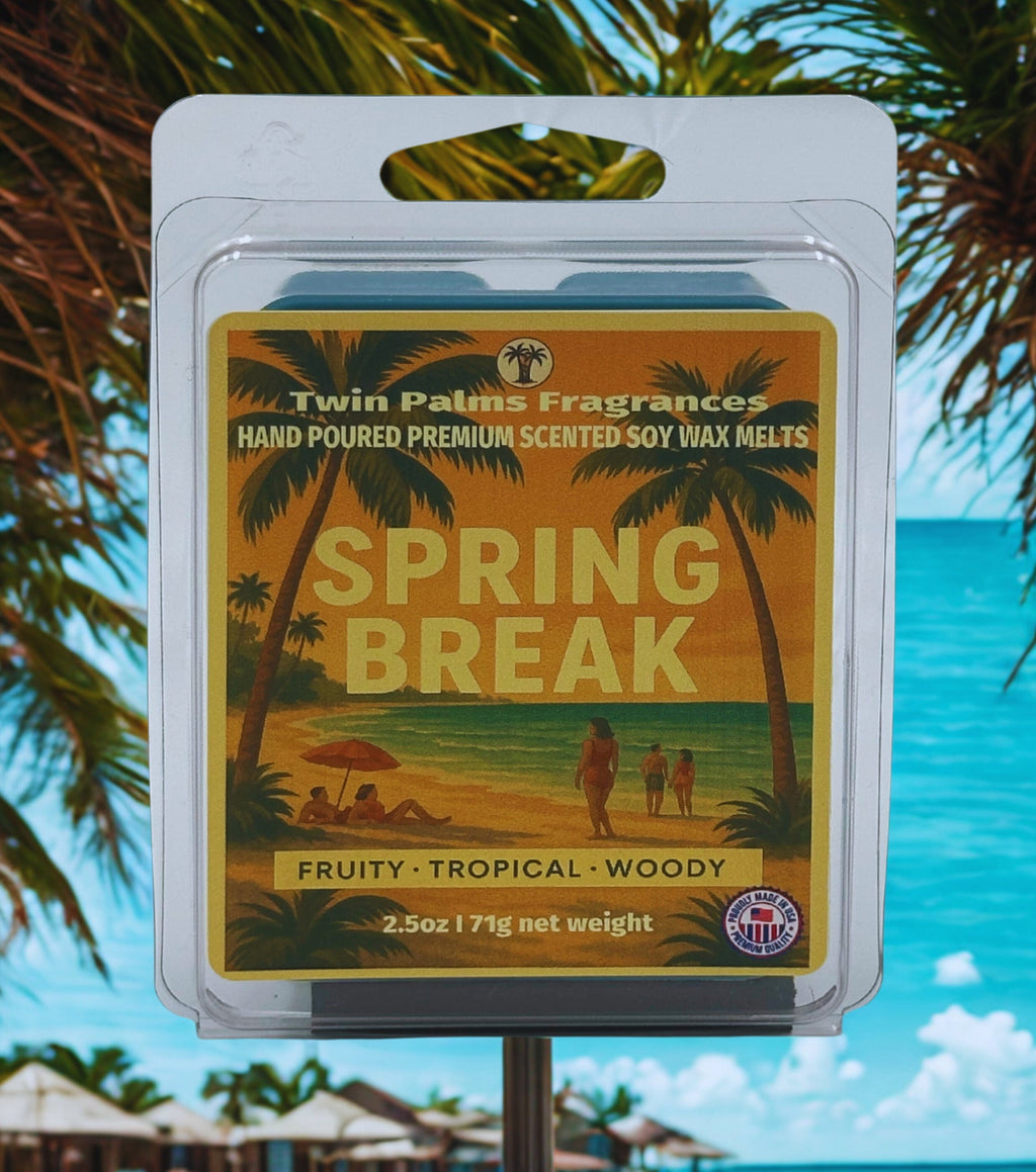 Twin Palms Fragrances 'Spring Break' wax melt packaging with beach scene illustration.