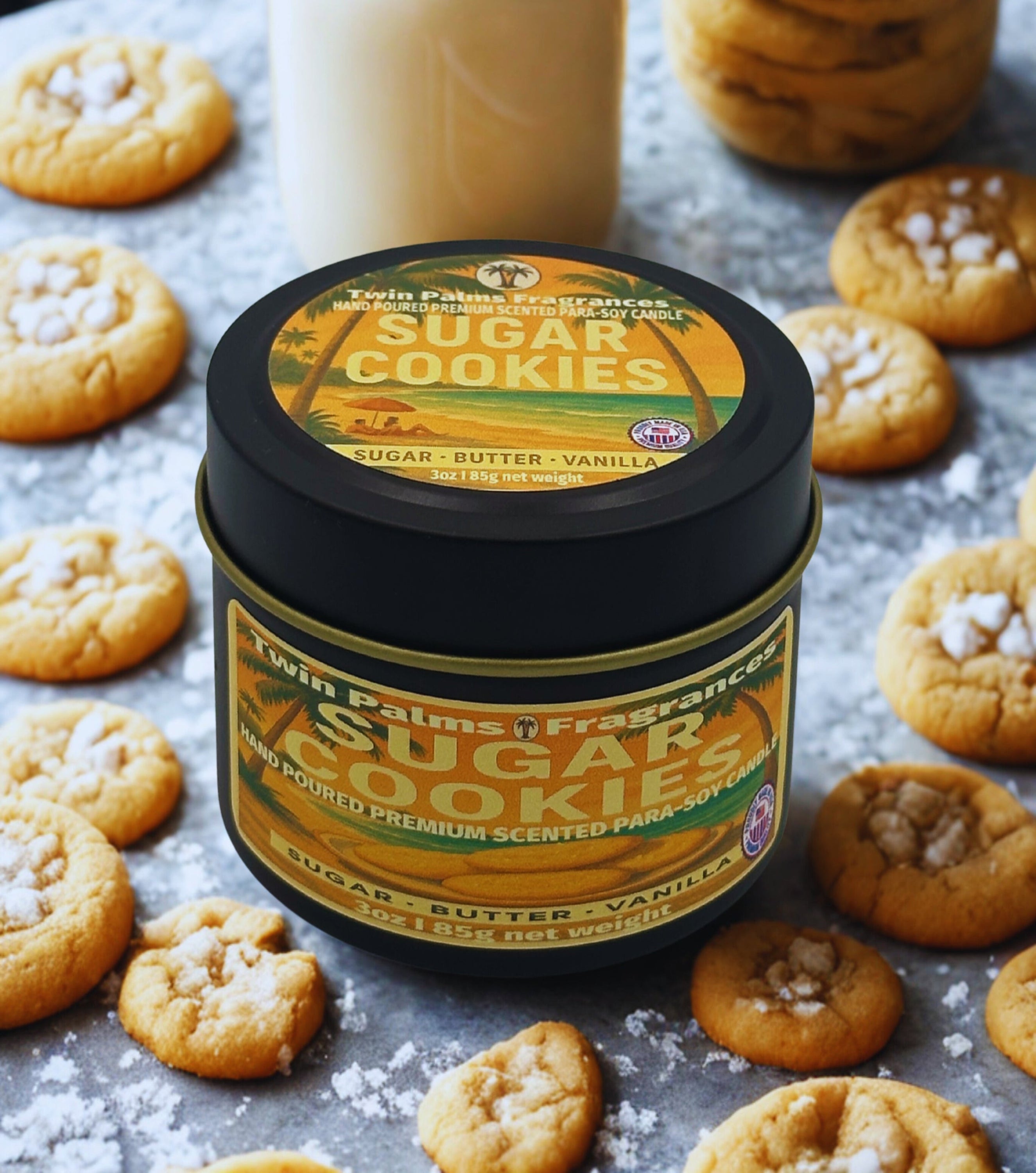 Twin Palms Fragrances Sugar Cookies candle surrounded by cookies on a textured surface