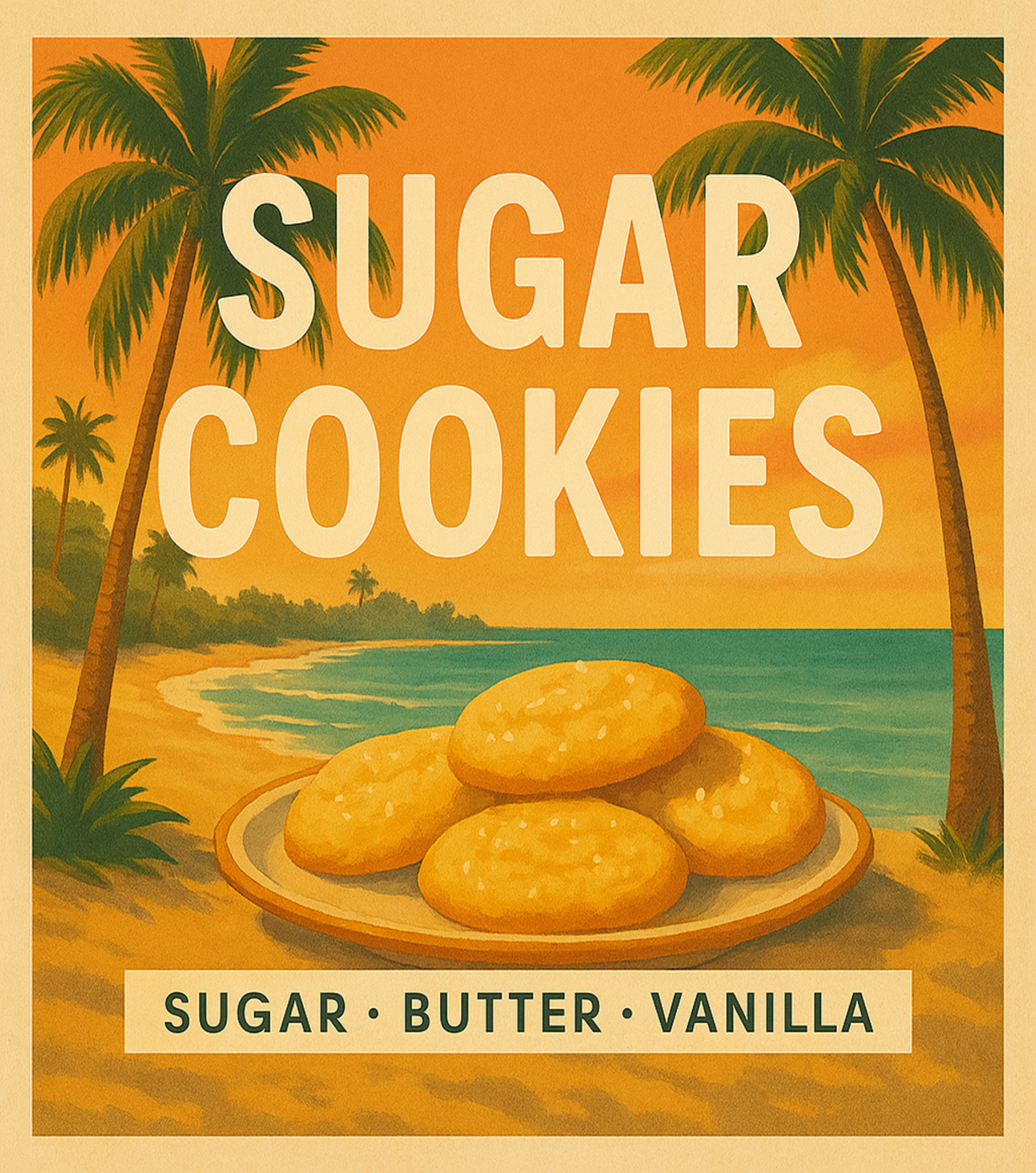 Vintage-style advertisement for sugar cookies with palm trees and beach scene.