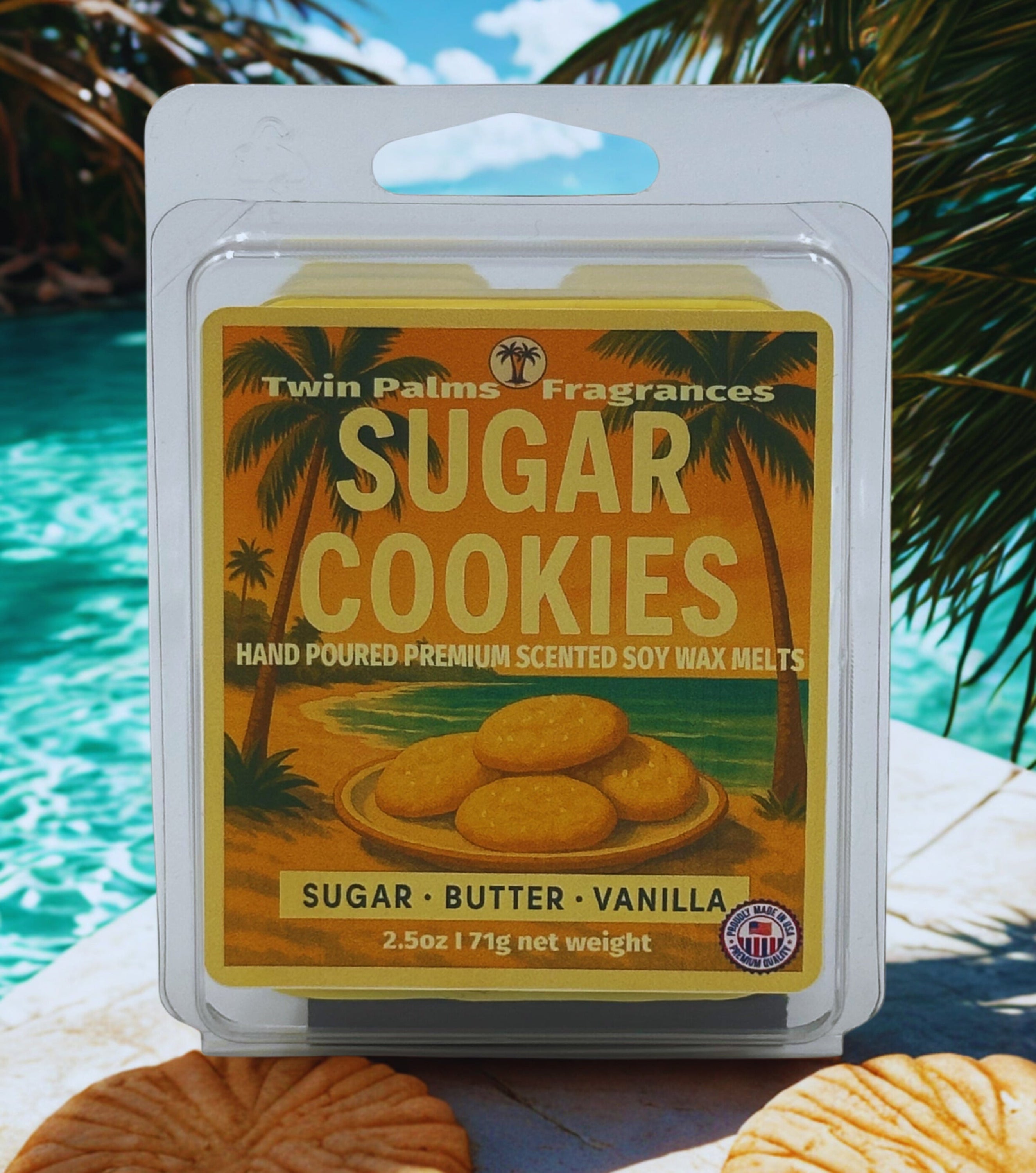 Pack of Twin Palms Fragrances Sugar Cookies scented soy wax melts with a tropical background.