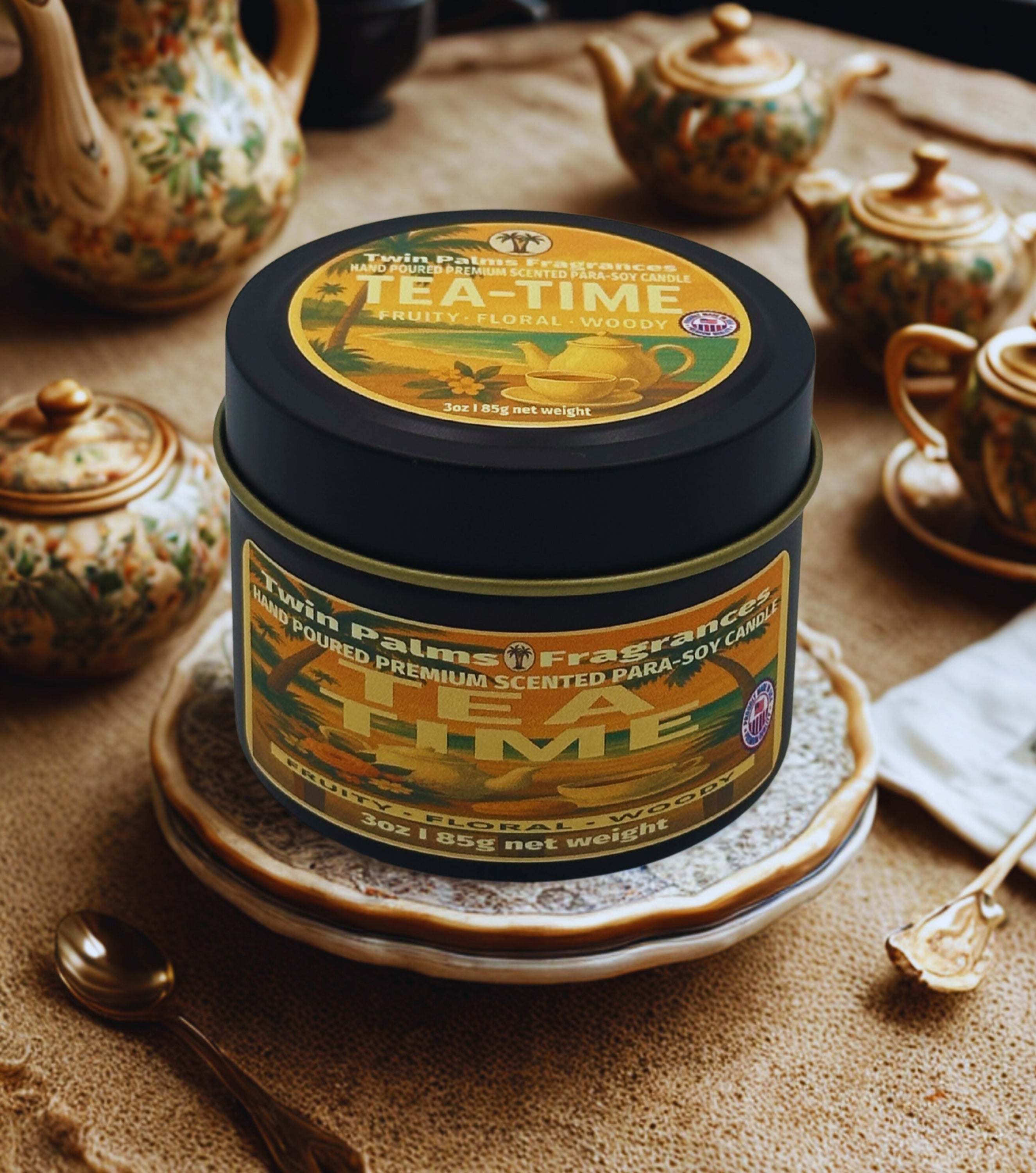 Twin Palms Fragrances Tea time scented candle in a decorative tin on a wooden surface with teapots.