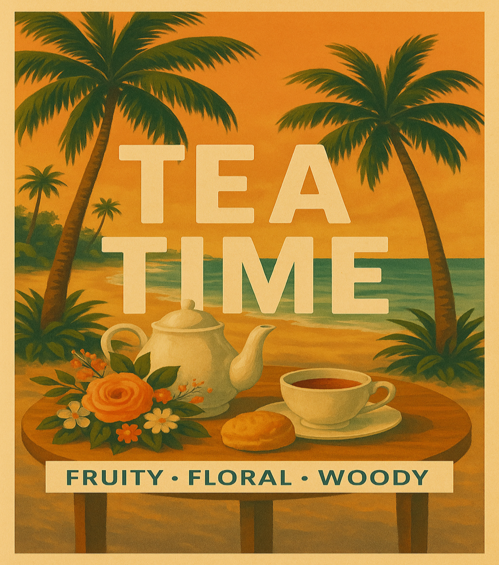 Tea time advertisement with a teapot, cup, and cookies on a table with palm trees and ocean in the background.