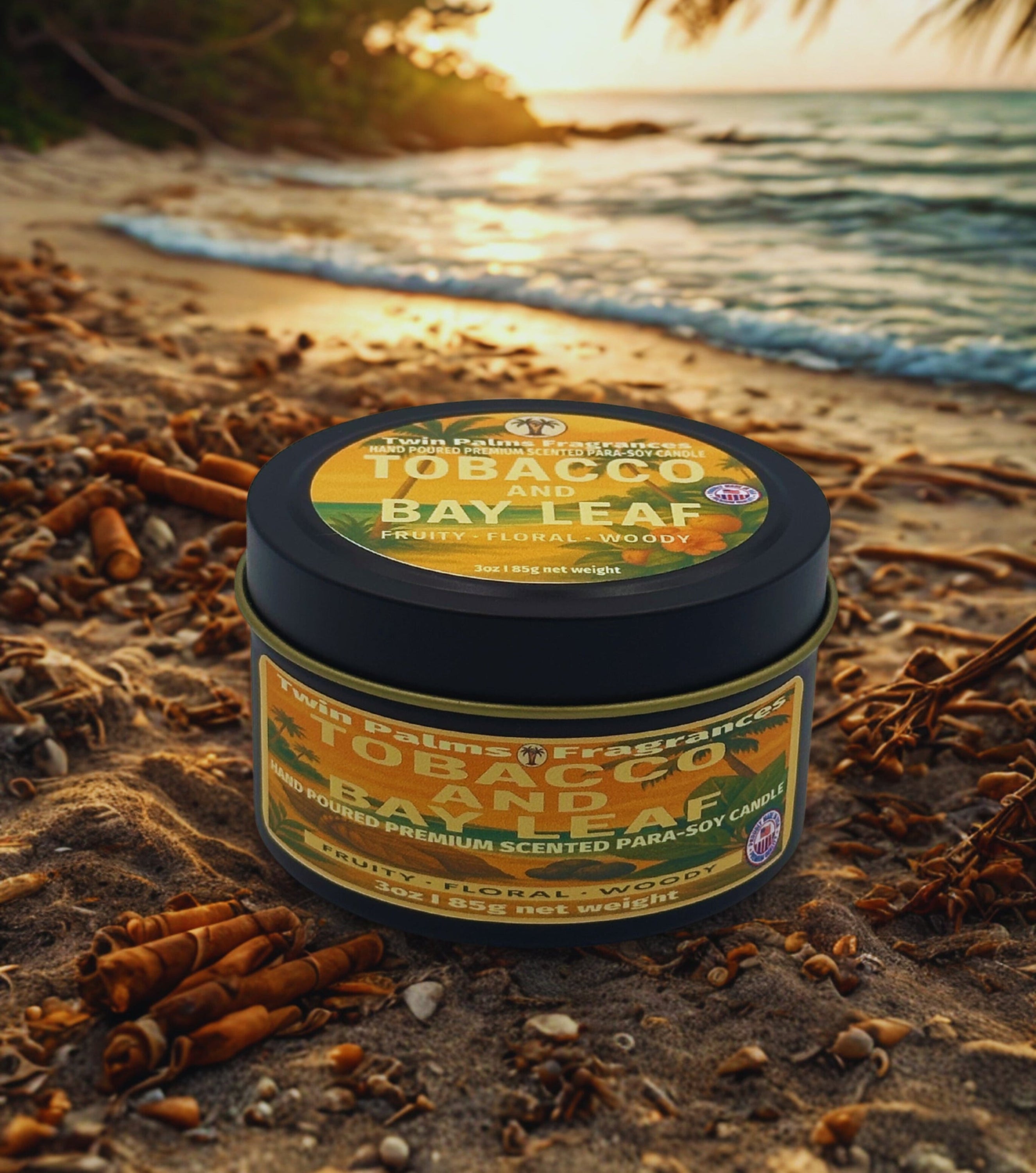 Twin Palm Fragrances Tobacco and Bay Leaf candle on a beach with sunset