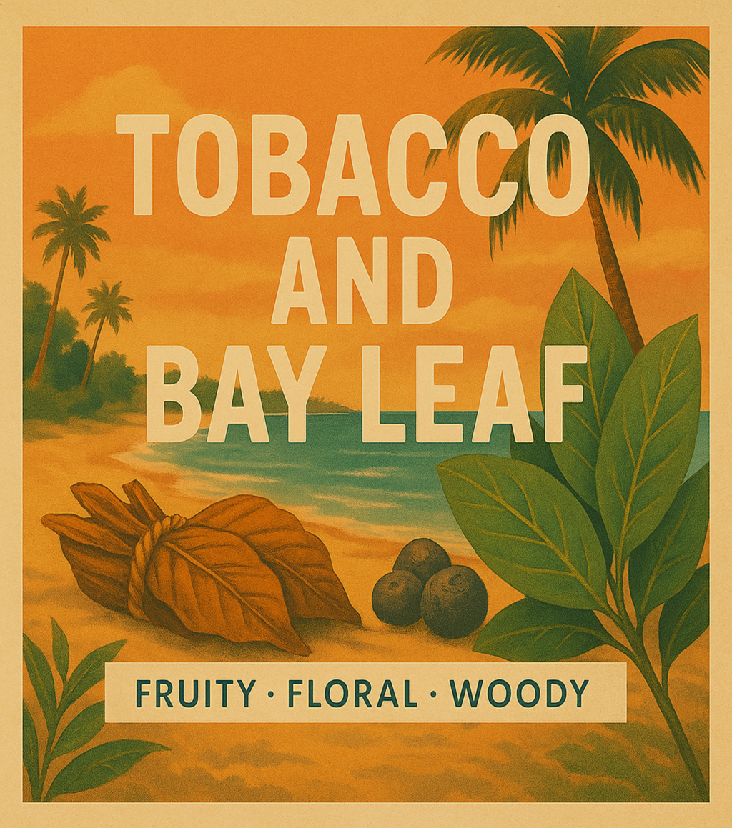 Advertisement for tobacco and bay leaf with tropical scenery and text.