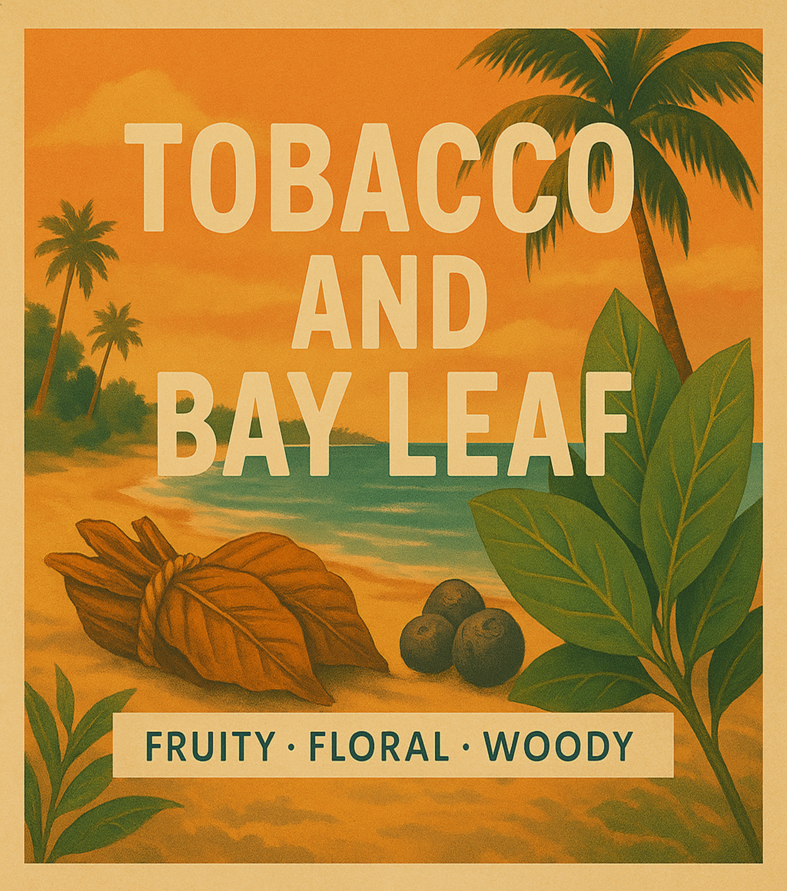 Advertisement for tobacco and bay leaf with tropical scenery and text.
