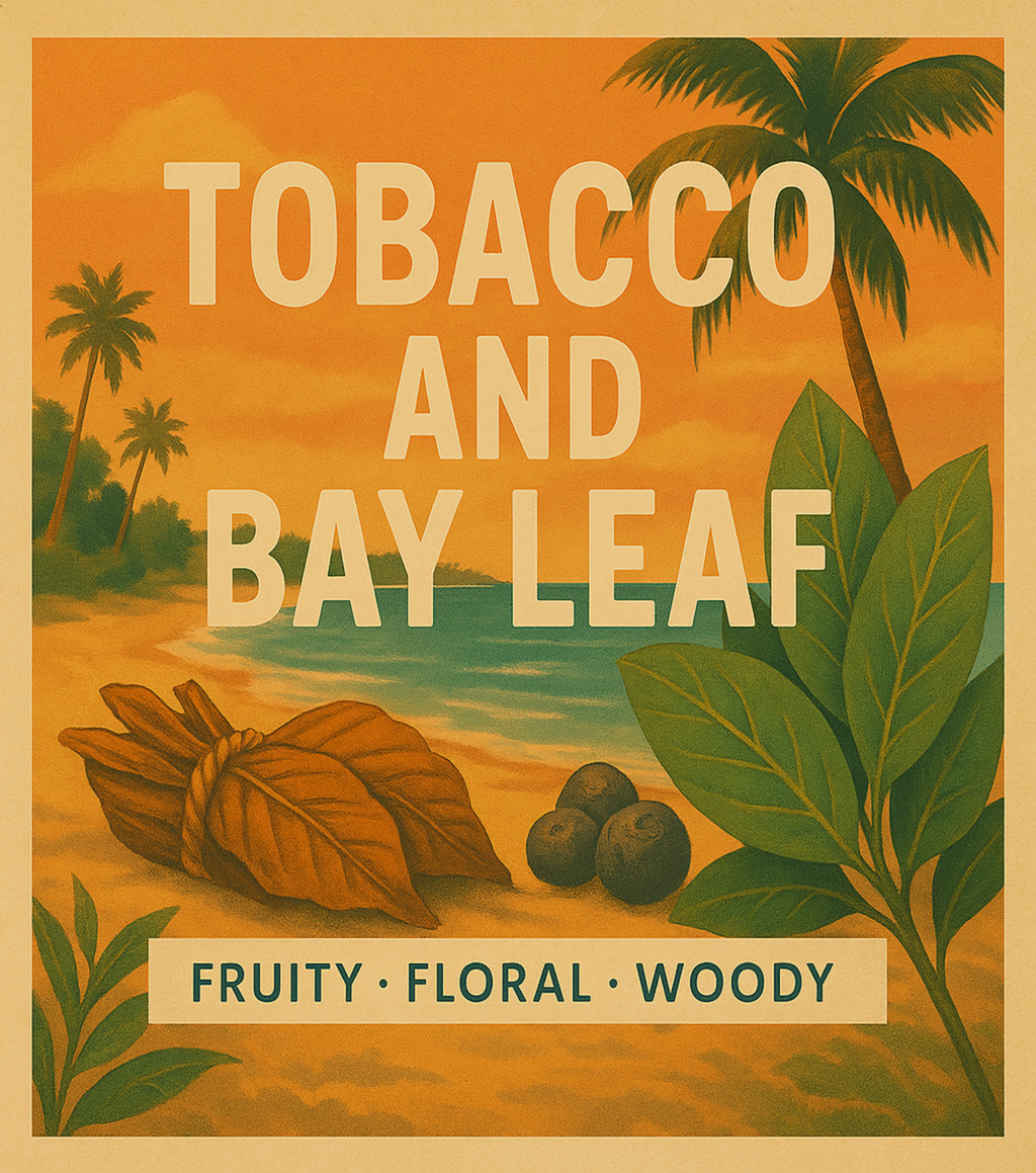 Advertisement for tobacco and bay leaf with tropical scenery and text.