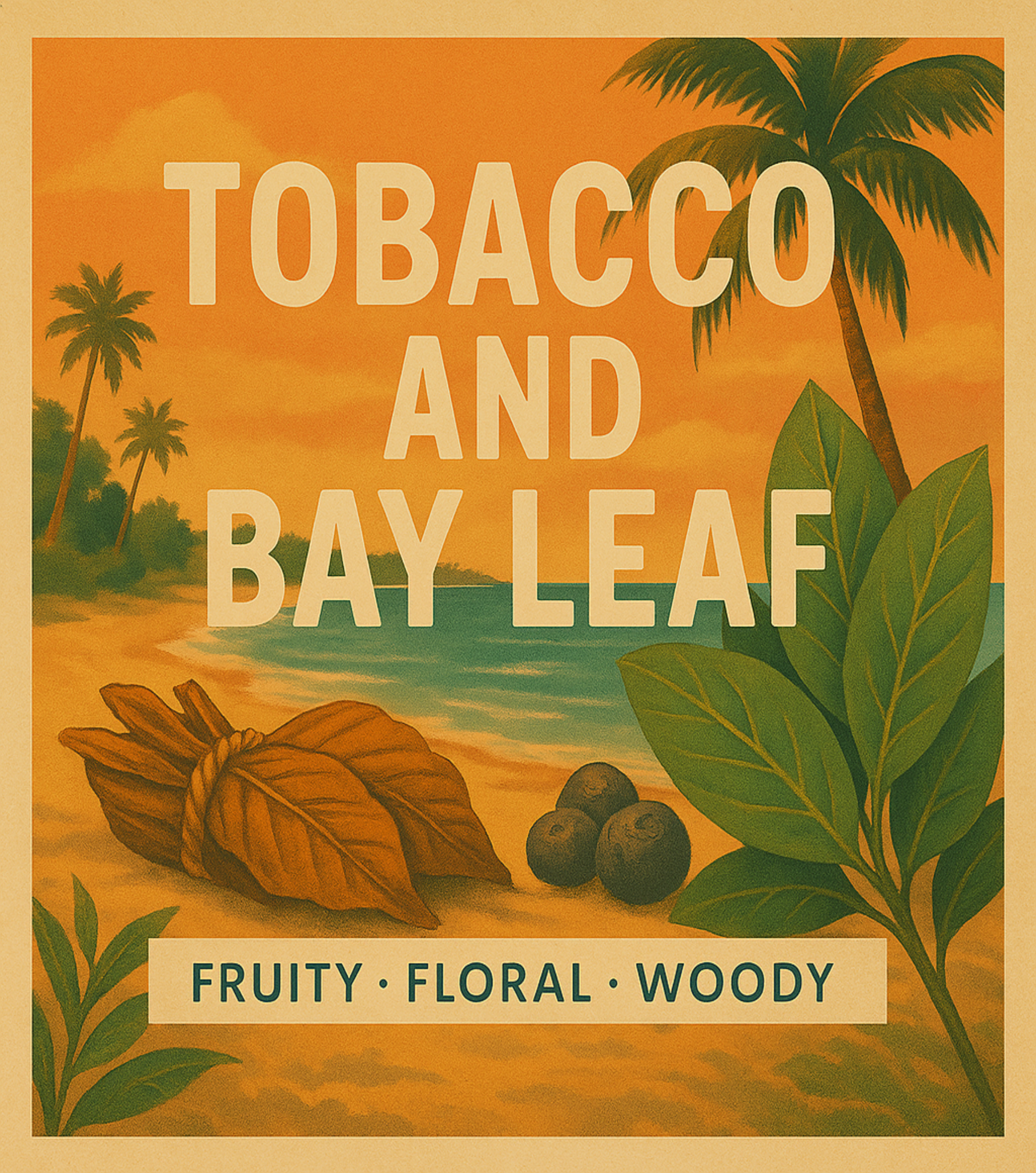 Advertisement for tobacco and bay leaf with tropical scenery and text.