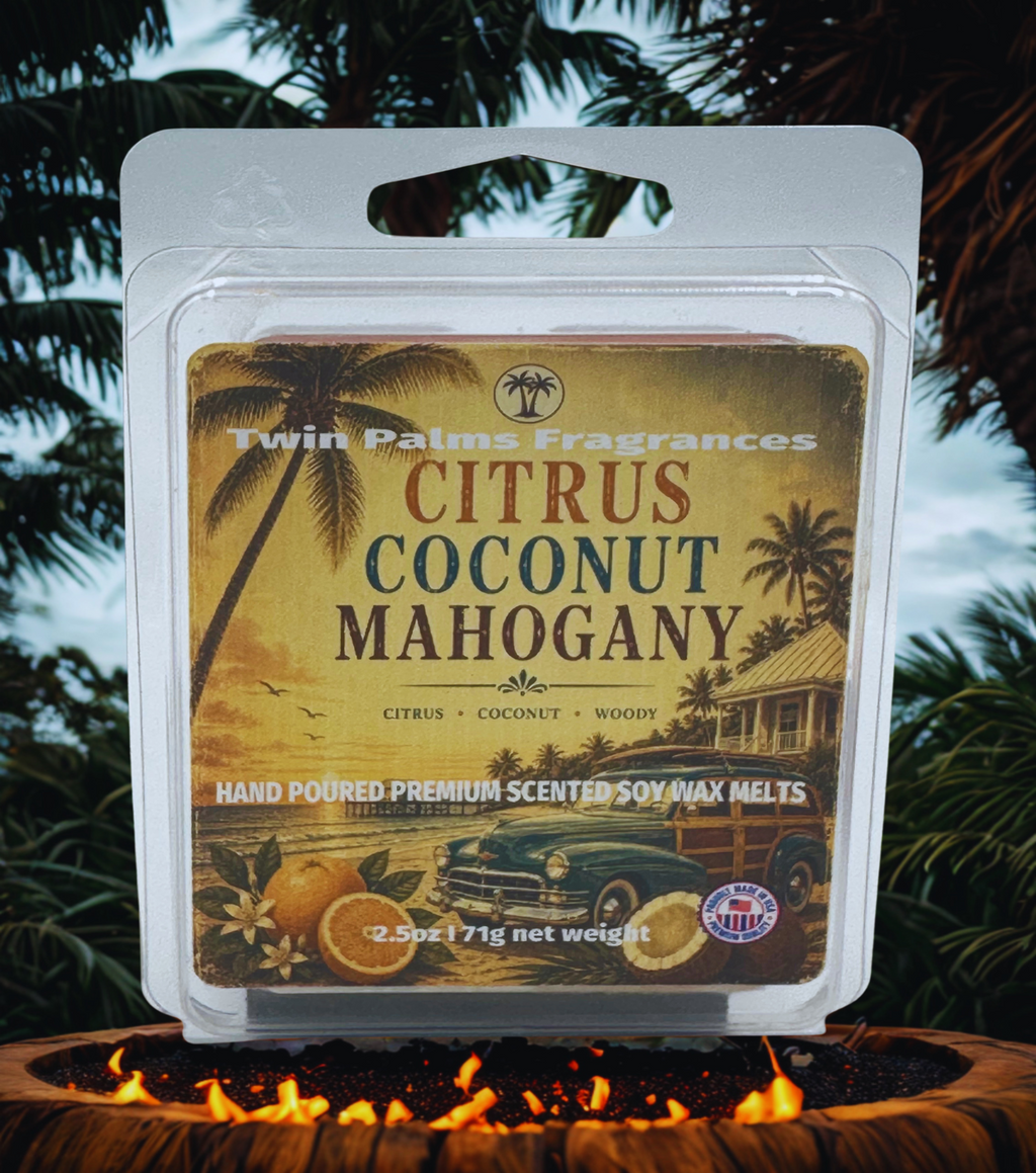 Packaged wax melt with 'Citrus Coconut Mahogany' scent by Twin Palms Fragrances, set against a natural background.