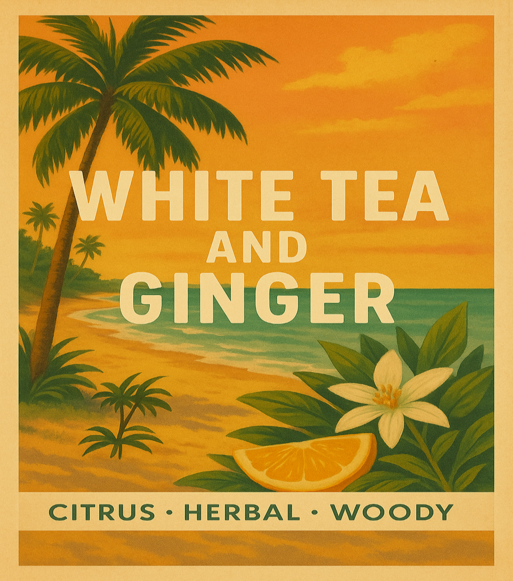 Advertisement for white tea and ginger with a tropical scene, palm trees, and flowers.